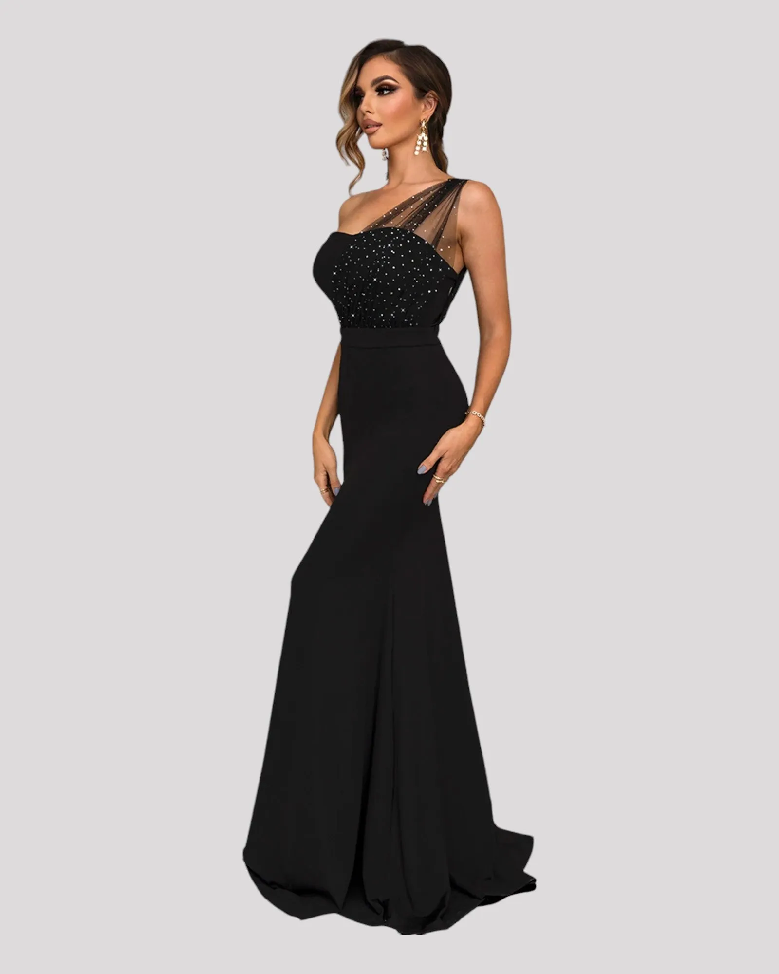 Strapless Dress with diamonte detail and one shoulder feature with a mermaid bottom