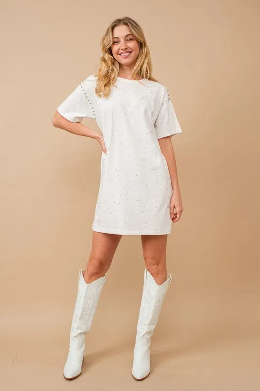 White Cotton Jersey Sprinkle Loose T Shirt Dress