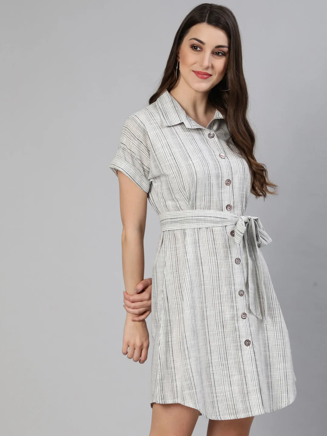 White Stripes Yarn Dyed Cotton Shirt Dress With Belt