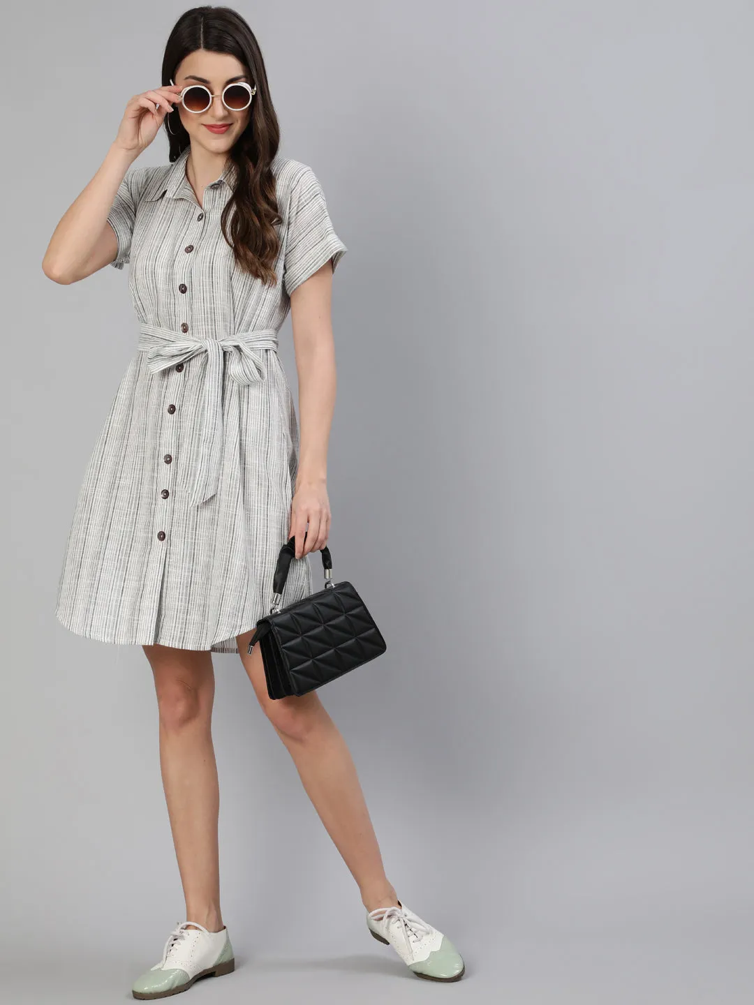 White Stripes Yarn Dyed Cotton Shirt Dress With Belt
