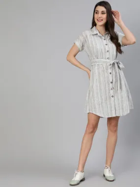 White Stripes Yarn Dyed Cotton Shirt Dress With Belt