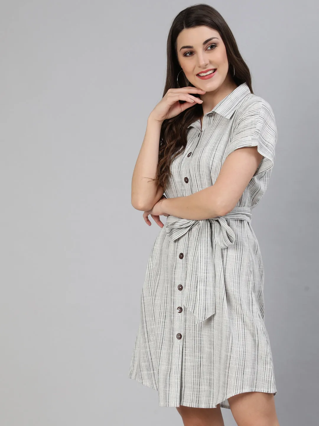 White Stripes Yarn Dyed Cotton Shirt Dress With Belt