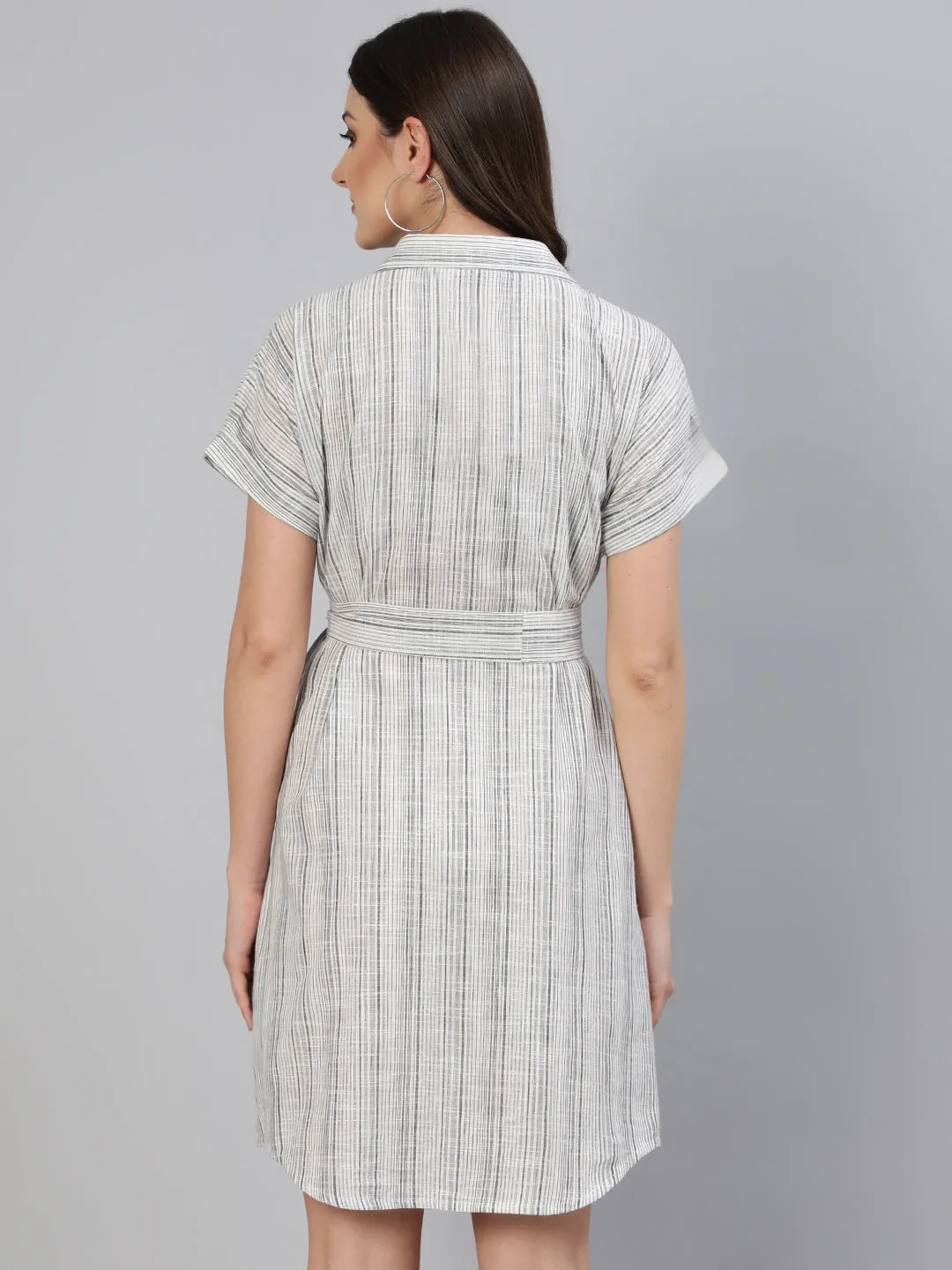 White Stripes Yarn Dyed Cotton Shirt Dress With Belt
