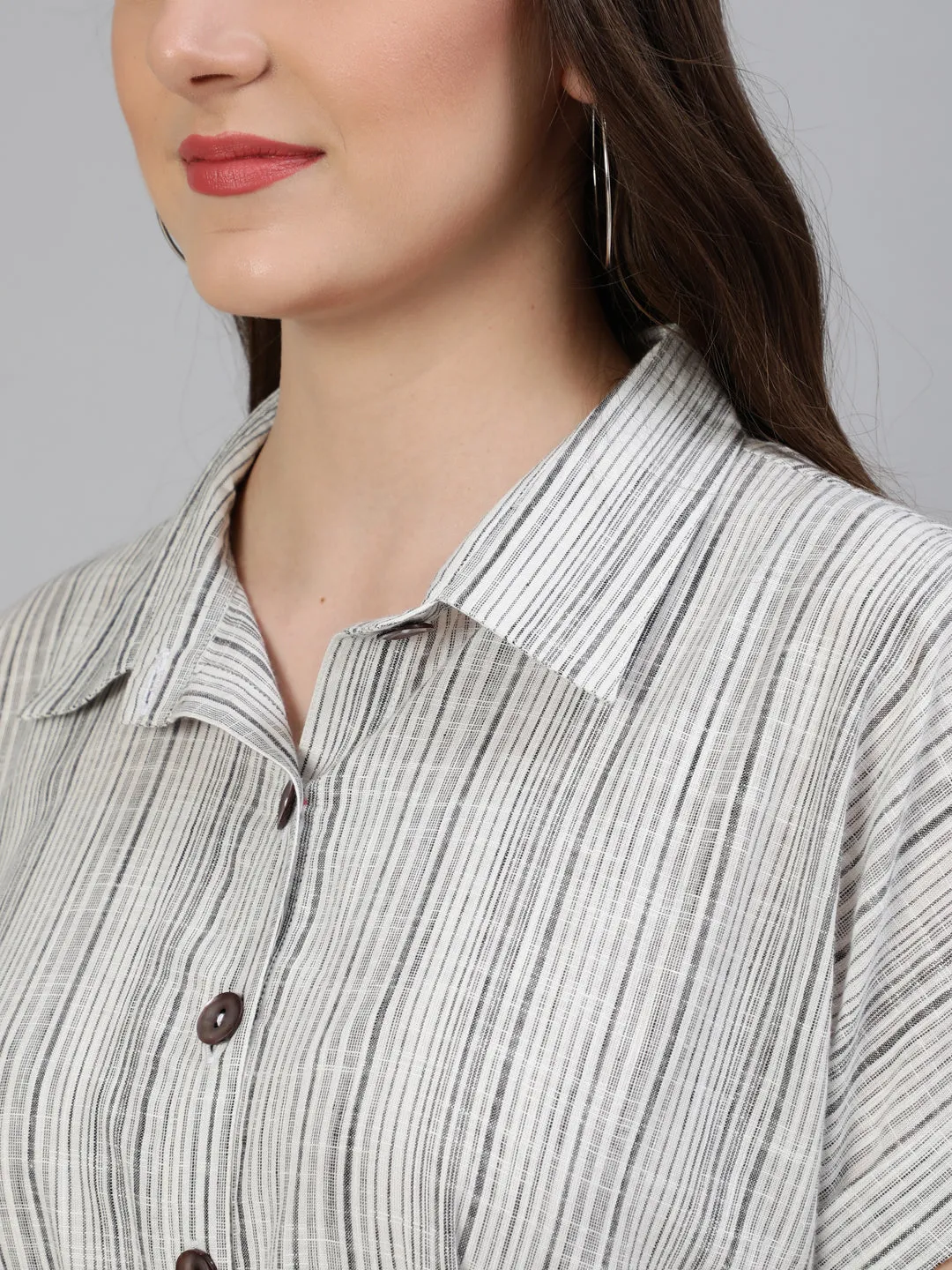 White Stripes Yarn Dyed Cotton Shirt Dress With Belt