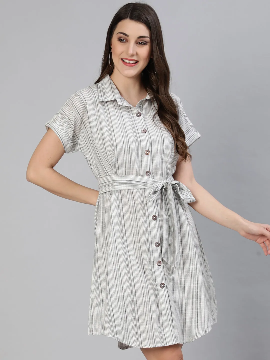 White Stripes Yarn Dyed Cotton Shirt Dress With Belt