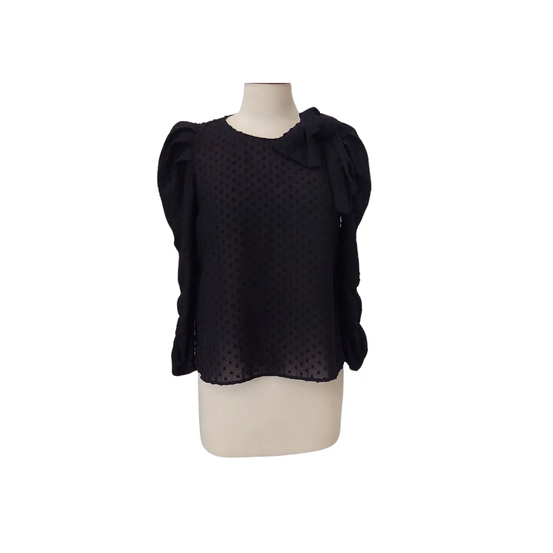 ZARA Black Self Embroidery Puffed Shoulder Bow Blouse | Gently used |