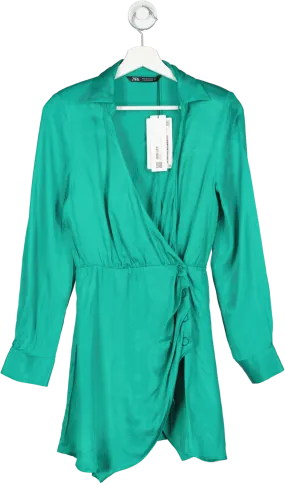 ZARA Green Padded Shoulder Satin Mini Dress BNWT  UK S
